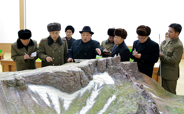 This undated picture released from North Korea's state media on Dec. 9, 2017 shows leader Kim Jong Un visiting Samjiyon County in Ryanggang Province. 