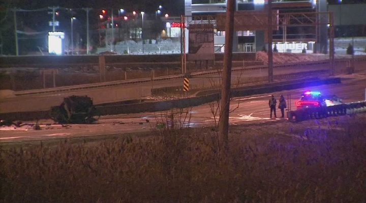 A 26-year-old man is in hospital in critical condition after losing control of his vehicle on Highway 15 in Mirabel. Saturday, Dec. 2, 2017.