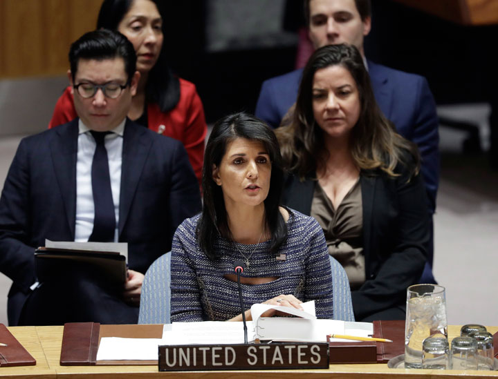 U.S. Ambassador Nikki Haley speaks in favor of a resolution, Friday, Dec. 22, 2017, at United Nations headquarters.