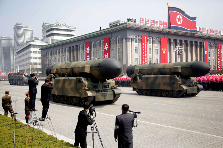 In this April 15, 2017, file photo, canisters containing missiles are displayed in Kim Il Sung Square in Pyongyang, North Korea.