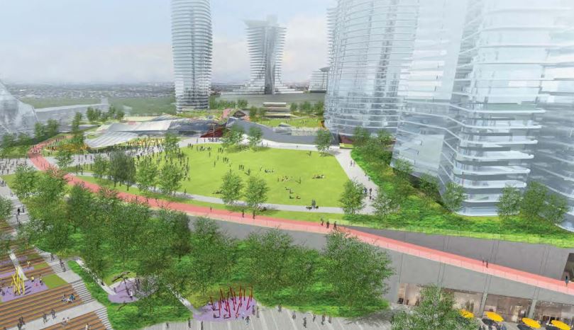 The so-called “Upper Green” would be located on the roof, and include a large green space for sports and other physical activities, a covered pavilion for concerts and performances, a running track and an off-leash dog park.