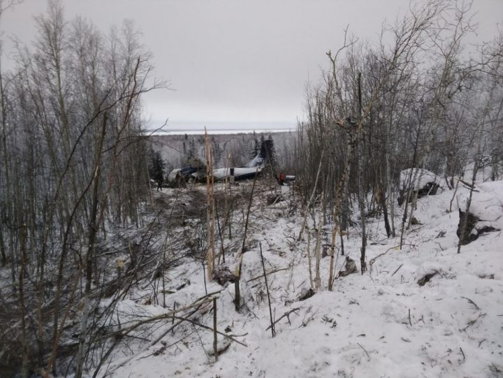 A view of the wreckage path of the ATR-42 that crashed just after taking off from the Fond-du-Lac airport in northern Saskatchewan on Dec. 13, 2017.