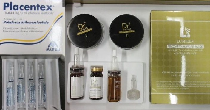 Seized products labelled as containing human placenta (left) and stem cells (right).
