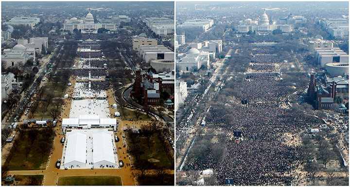 A combination of photos taken at the National Mall shows the crowd attending the inauguration ceremonies to swear in U.S. President Donald Trump at 12:01pm (L) on January 20, 2017 and President Barack Obama sometime between 12:07pm and 12:26pm on January 20, 2009, Washington. 