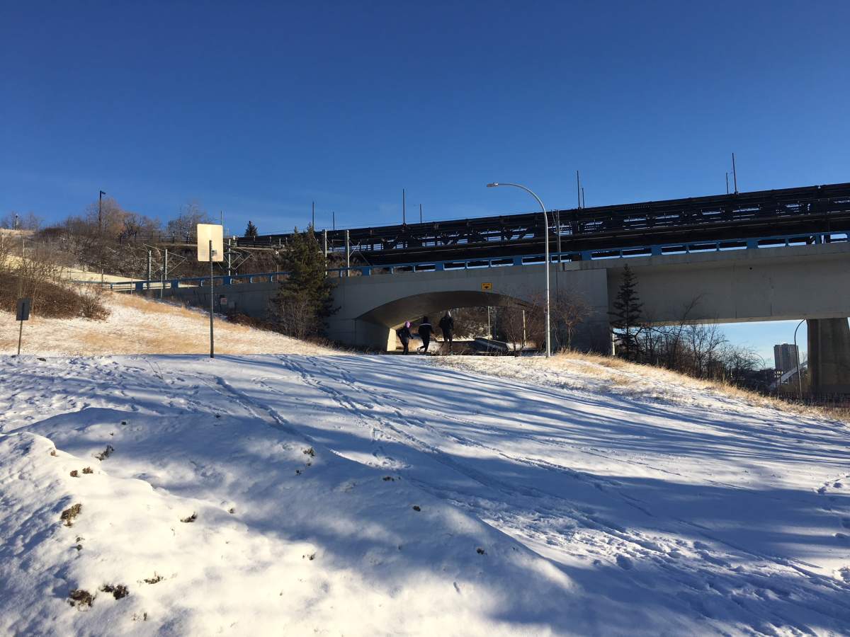 The Keddie family running along the river valley on a chilly day in Edmonton.