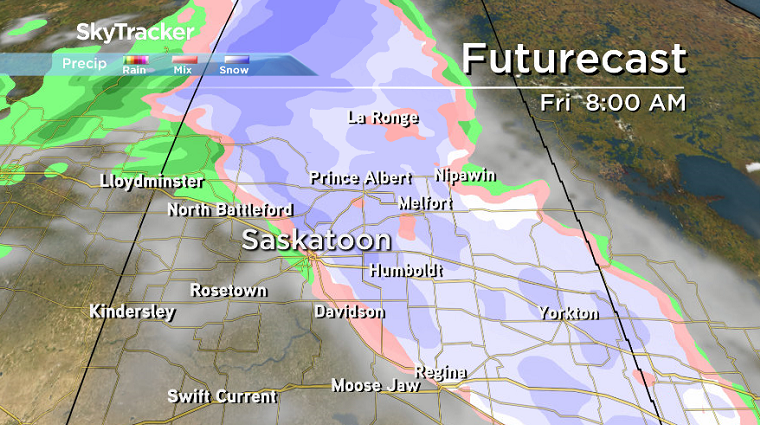 Saskatoon is right in the centre of the mixed precipitation and freezing rain risk zone Friday morning.