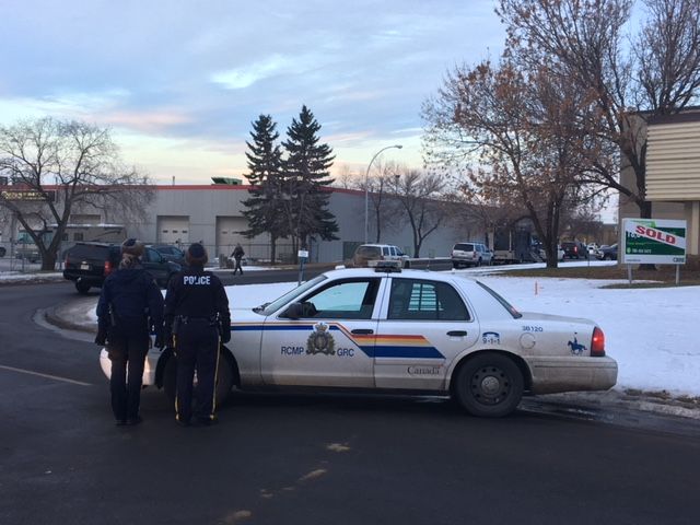 RCMP, including a tactical team, on scene at an industrial park in Sherwood Park, Alta. December 12, 2017.