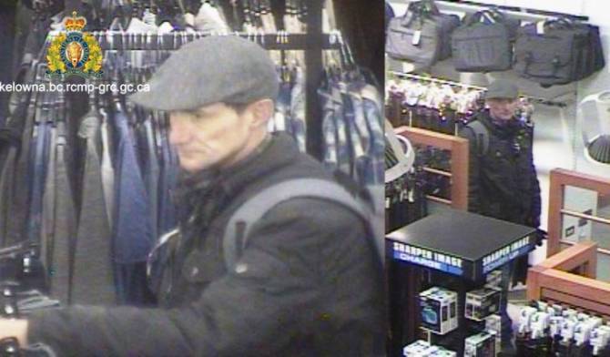 Security camera images of alleged shoplifter charged with assaulting a Kelowna store clerk with a knife. 