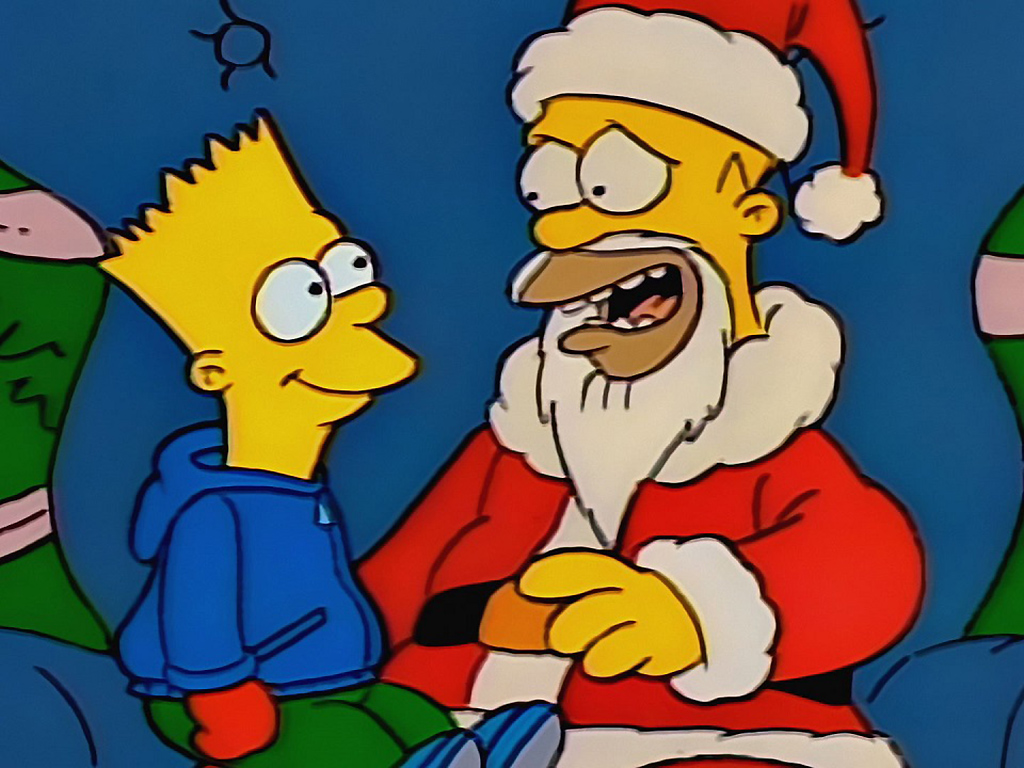 Bart and Homer (dressed as Santa Claus) in the first-ever 'Simpsons' Christmas episode.