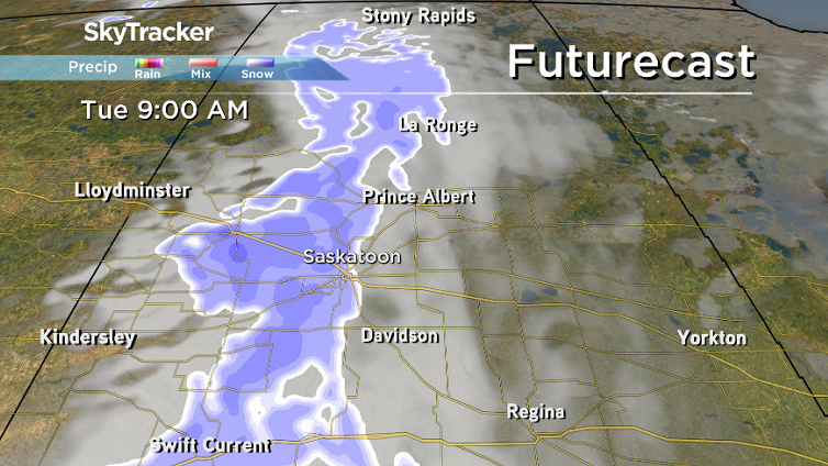 Snow moves into central Saskatchewan to start the day on Tuesday.