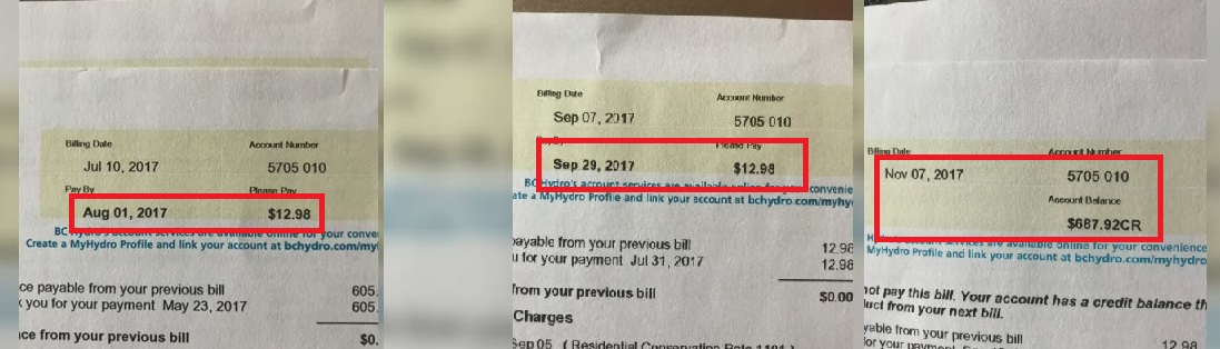 Stephen Gilbert shows off his last three hydro bills after going solar. One of which includes nearly a $700 credit.