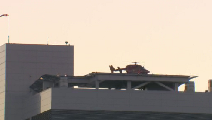 This file photo shows an air ambulance landing at a hospital with an injured patient. Paediatric societies are calling for Quebec to allow parents on child medical flights. Tuesday, Feb. 6, 2018.