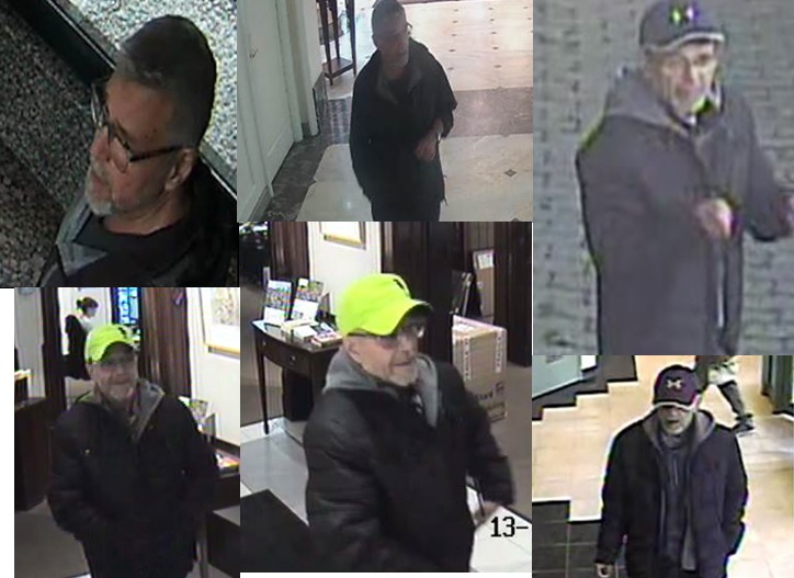 Montreal police are looking for a man between the ages of 50 and 65 in connection with the alleged theft of artworks from several galleries. Saturday, Dec. 12, 2017. 