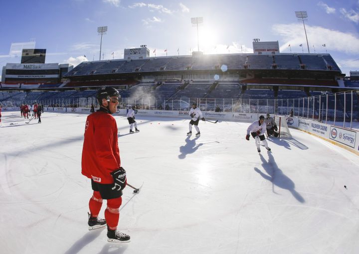 Canada's Dante Fabbro skates during their outdoor hockey practice at New Era Field during the IIHF World Junior Championship in Orchard Park, N.Y., Thursday, December 28, 2017. 