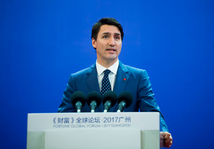 Prime Minister Justin Trudeau delivers a speech at the Fortune Global Forum in Guangzhou, China, on Wednesday, Dec. 6, 2017. 