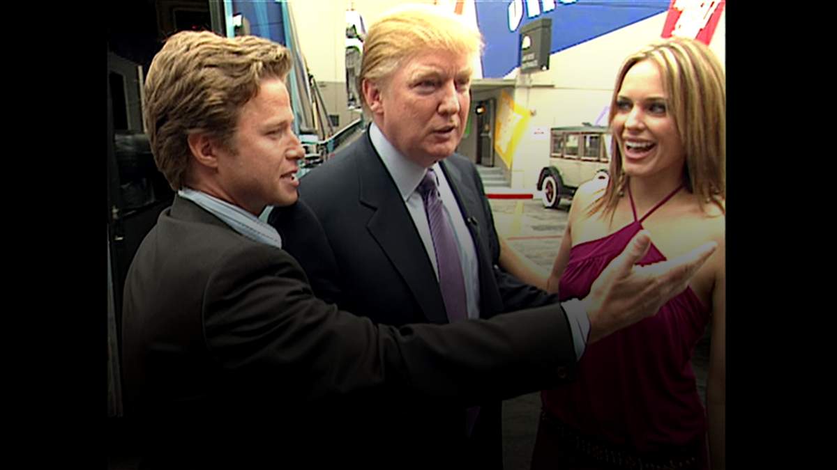 In this 2005 frame from video, Donald Trump prepares for an appearance on ‘Days of Our Lives’ with actress Arianne Zucker. He is accompanied on the set by Access Hollywood host Billy Bush.