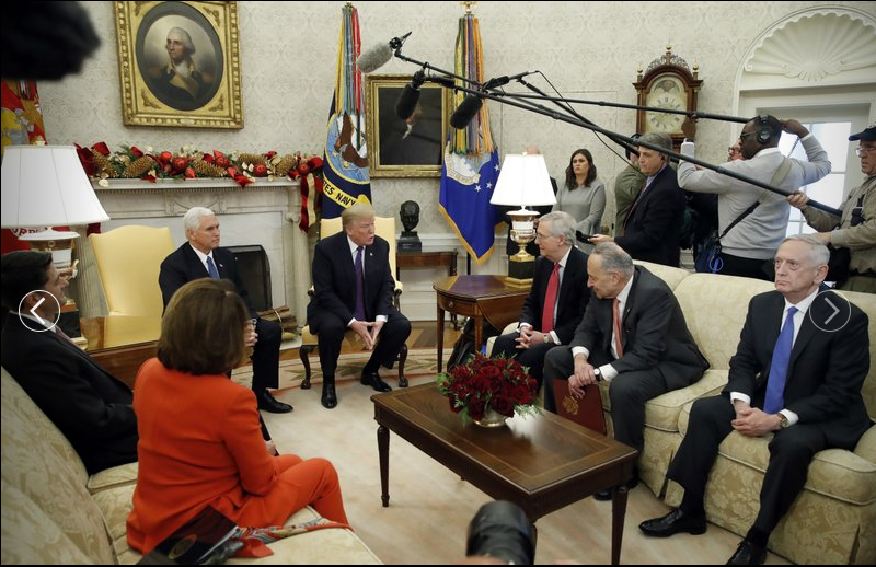 Donald Trump, Mike Pence, Paul Ryan, Nancy Pelosi, Mitch McConnell, Chuck Schumer, Jim Mattis
President Donald Trump accompanied by Vice President Mike Pence, speaks before a meeting with congressional leaders including House Speaker Paul Ryan of Wis., left, House Minority Leader Nancy Pelosi of Calif., Senate Majority Leader Mitch McConnell of Ky., Senate Minority Leader Chuck Schumer of N.Y., and Defense Secretary Jim Mattis, in the Oval Office of the White House, Thursday, Dec. 7, 2017, in Washington. 