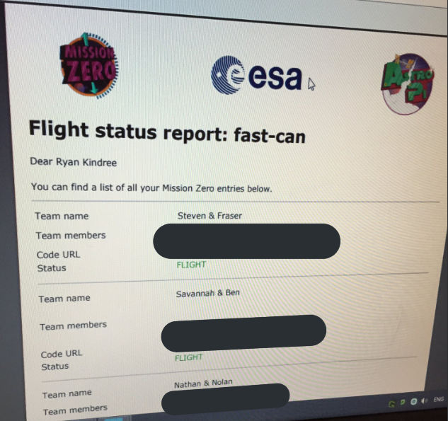 This photo shows the acceptance by Astro Pi and the International Space Station that the students messages will take "FLIGHT" into space.