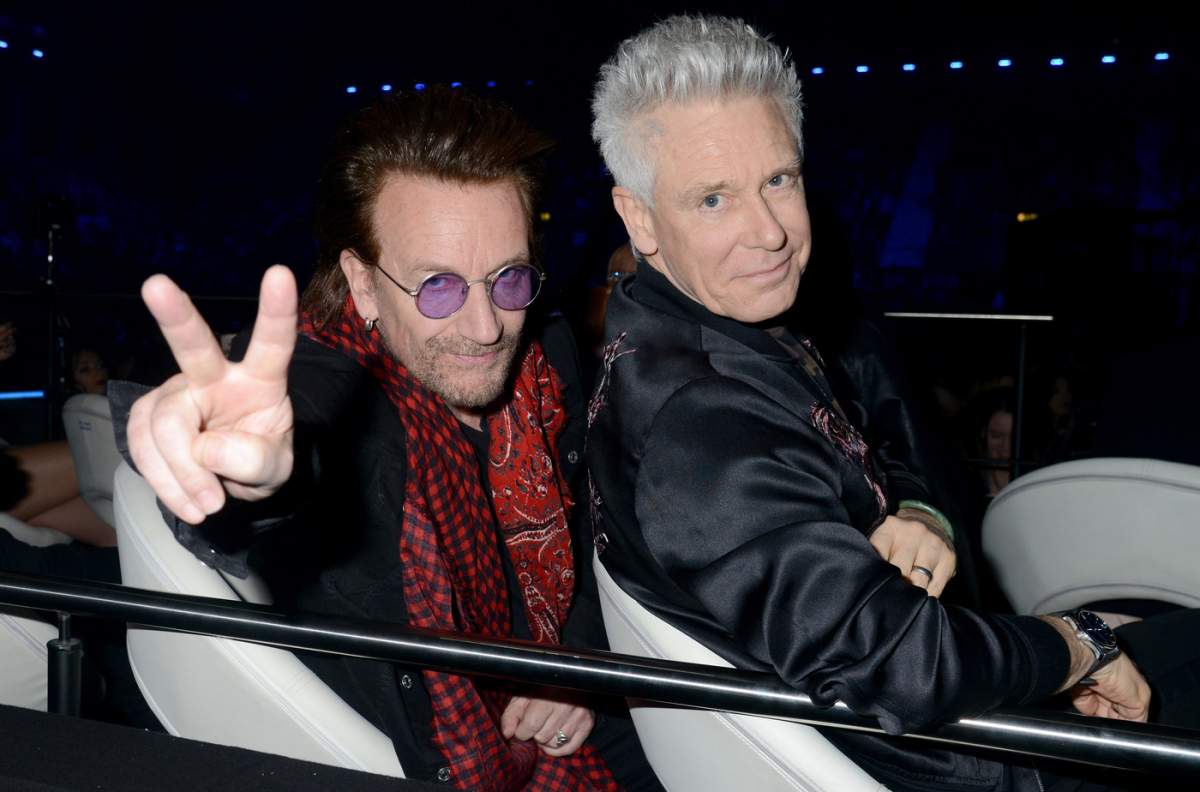 Bono (L) and Adam Clayton of U2 pose during the MTV EMAs held at The SSE Arena, Wembley on November 12, 2017.