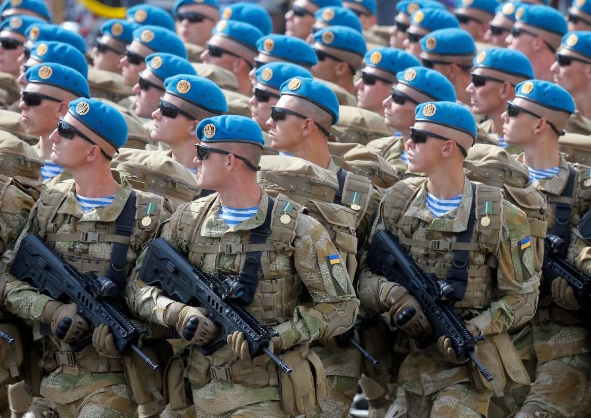 This Aug. 24, 2017, file photo shows Ukrainian soldiers marching along main Khreshchatyk Street during a military parade to celebrate Independence Day in Kiev, Ukraine. 