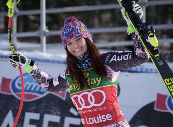 Liechtenstein's Tina Weirather celebrates her victory in the women's World Cup super-G ski race at Lake Louise, Alta., Sunday, Dec. 3, 2017. 