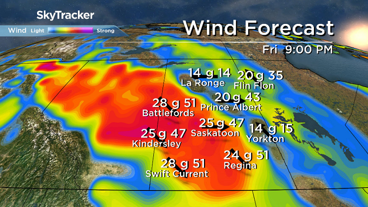 Winds pick up across central Saskatchewan Friday evening behind a system swinging through.