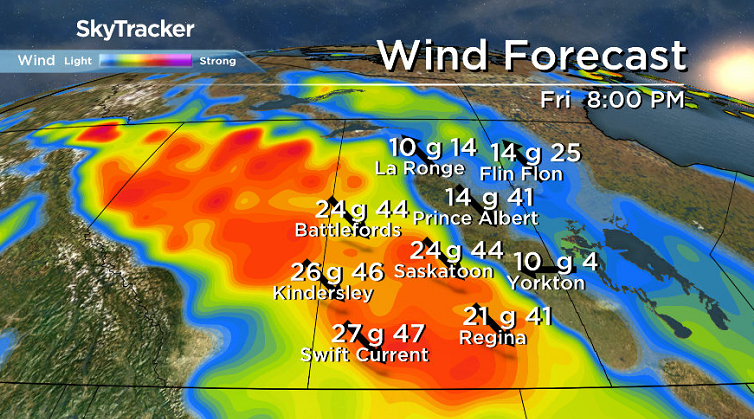 Winds will pick up to gusts upwards of 40 to 60 kmh Friday evening in central Saskatchewan.
