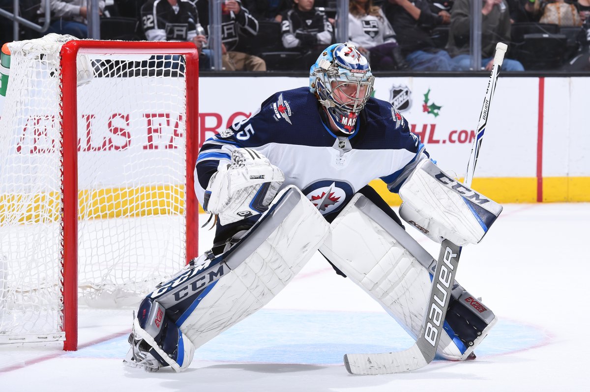 Steve Mason of the Winnipeg Jets defends the net during a game against the Los Angeles Kings at STAPLES Center on November 22, 2017 in Los Angeles, California.