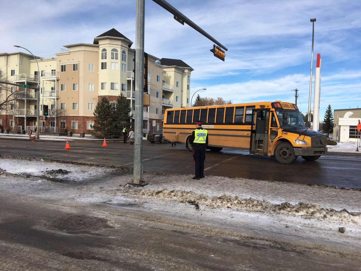 Woman taken to hospital after bus hits her at 82 Avenue and 85 Street on Jan. 17, 2018.