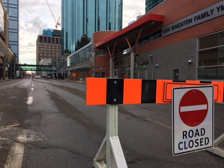 102 Avenue in downtown Edmonton is shutdown to traffic for LRT construction, Monday, Jan. 8, 2018. 