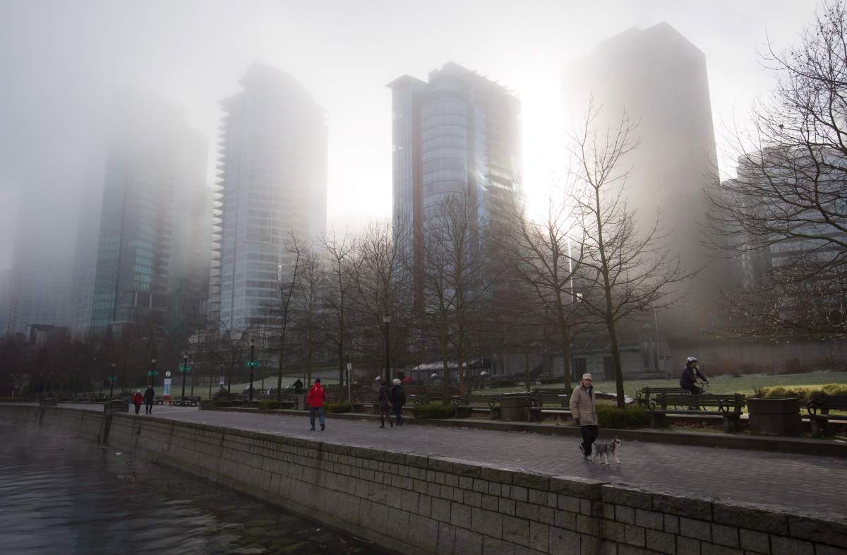 Condo towers are shrouded in dense fog as a man walks a dog along the seawall in downtown Vancouver, B.C., on Sunday January 3, 2016. 