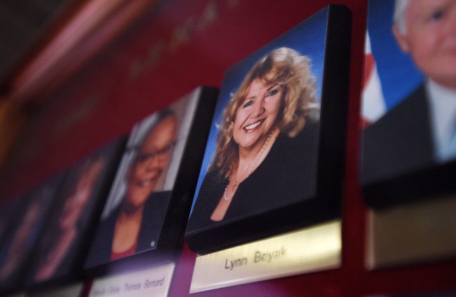 A picture of Senator Lynn Beyak accompanies other Senators official portraits on a display outside the Senate on Parliament Hill in Ottawa on Thursday, Sept. 21, 2017. 