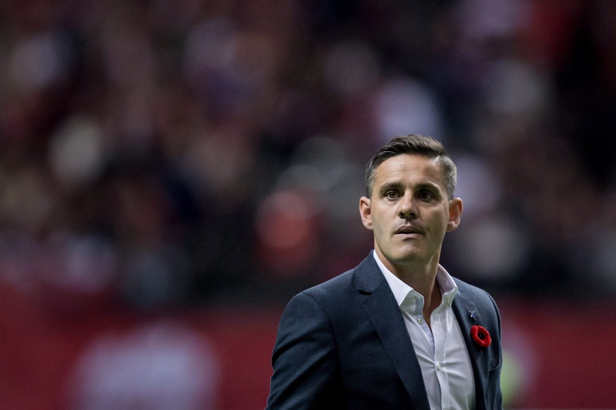 Canada's head coach John Herdman walks off the field after first half women's friendly soccer action against the United States, in Vancouver on Thursday, November 9, 2017. 