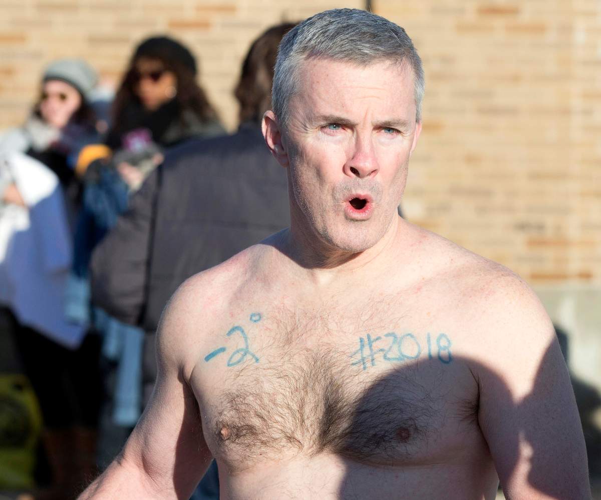 A ‘Polar Bear’ swimmer displays the temperature written on his chest before taking part in the L Street Brownies New Year’s Day Swim in Dorchester Bay in Boston, Massachusetts, USA, 01 January 2018. EPA/CJ GUNTHER