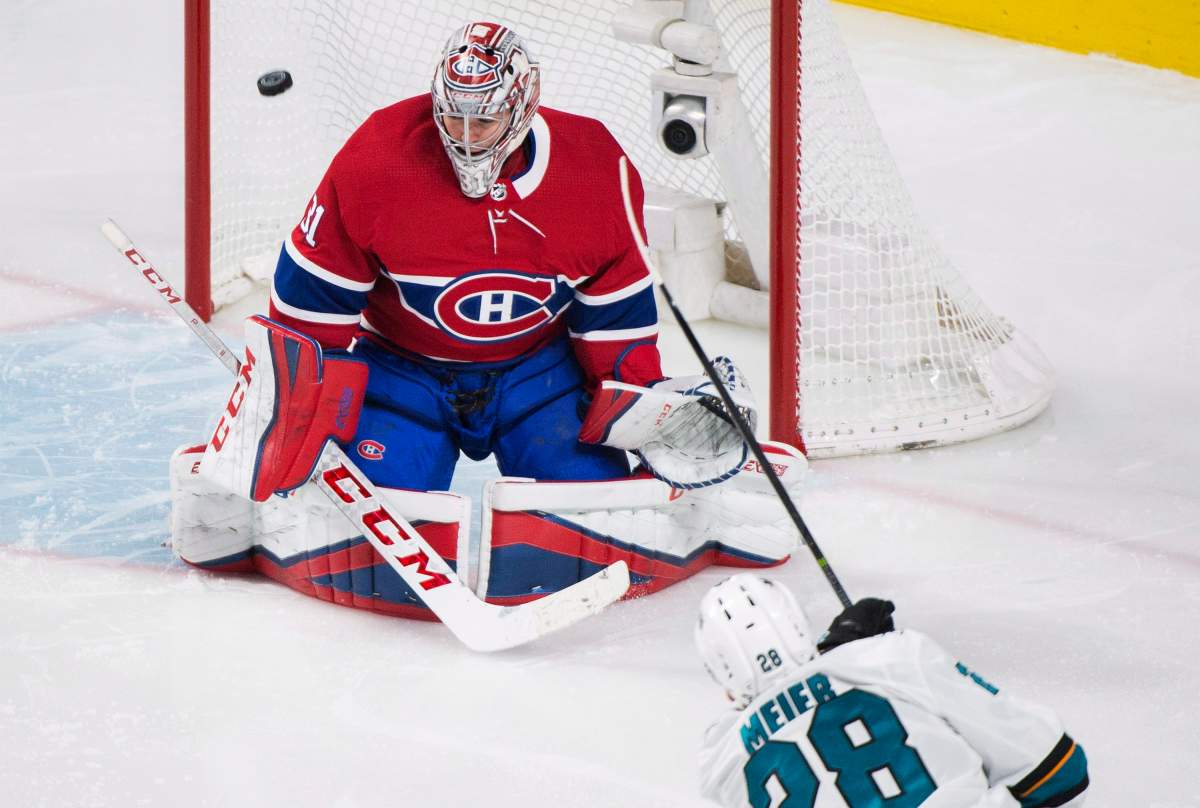 San Jose Sharks' Timo Meier scores against Montreal Canadiens' Carey Price during third period NHL hockey action in Montreal, Tuesday, Jan. 2, 2018.