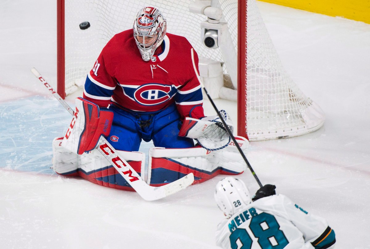 San Jose Sharks' Timo Meier scores against Montreal Canadiens' Carey Price during third period NHL hockey action in Montreal, Tuesday, Jan. 2, 2018.