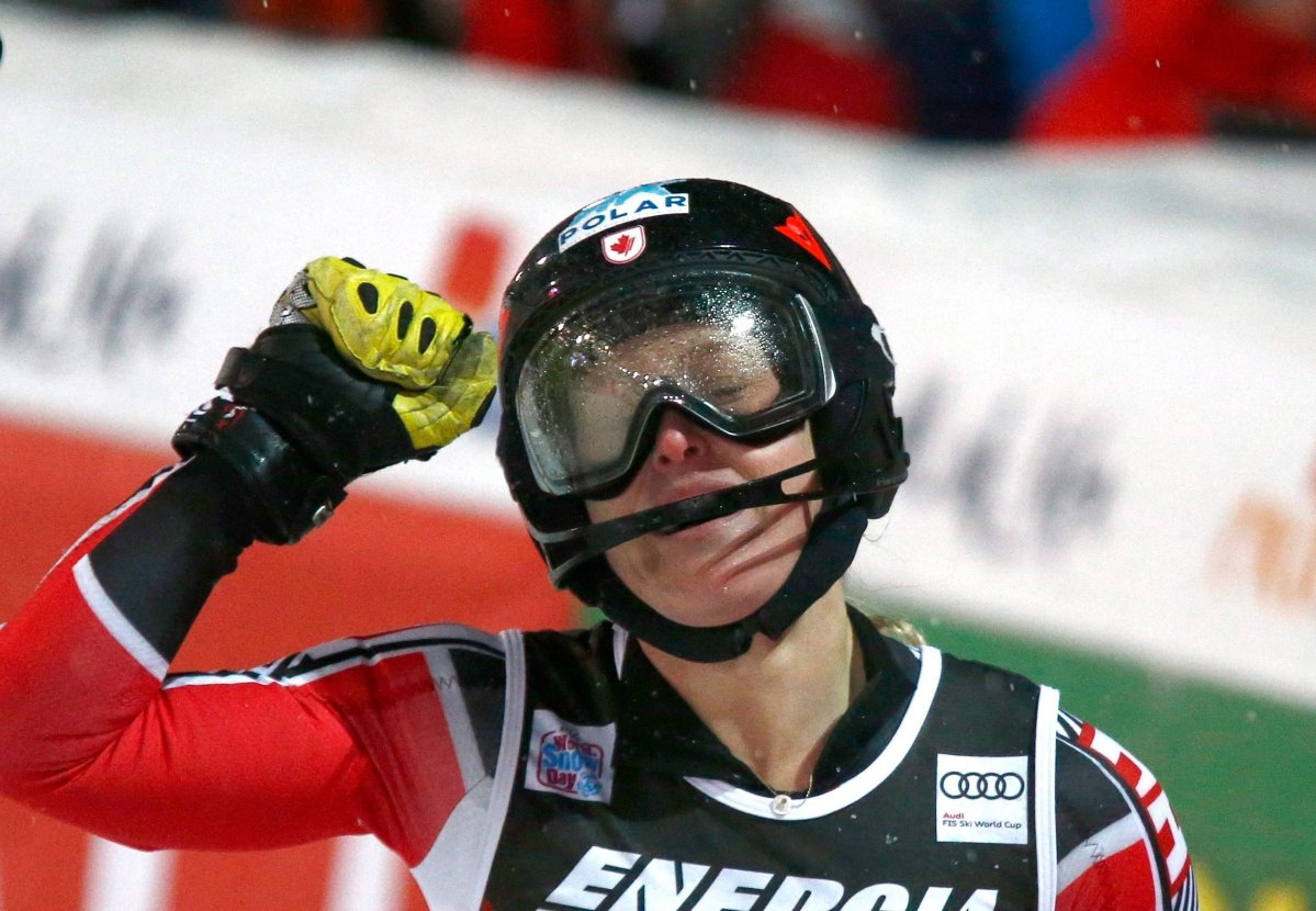 Canada's Erin Mielzynski celebrates at the finish area of an alpine ski, women's World Cup slalom in Zagreb, Croatia, Wednesday, Jan. 3, 2018.