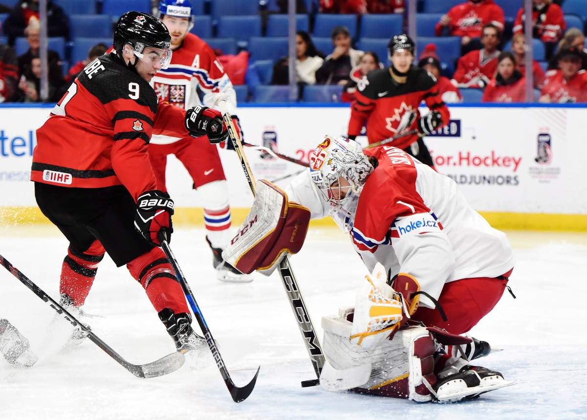 Canada forward Dillon Dubé (9) is stopped by Czech Republic goaltender Jakub Skarek (1) during third period semifinal IIHF World Junior Championship hockey action in Buffalo, N.Y. on Thursday, January 4, 2018.