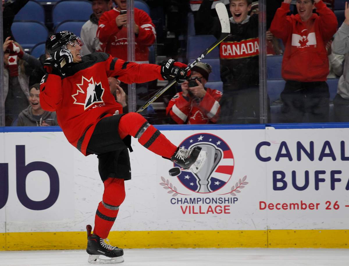 Canada forward Jordan Kyrou celebrates his goal during the second period against the Czech Republic in a semifinal in the IIHF world junior hockey championships Thursday, Jan. 4, 2018, in Buffalo, N.Y. (AP Photo/Jeffrey T. Barnes)