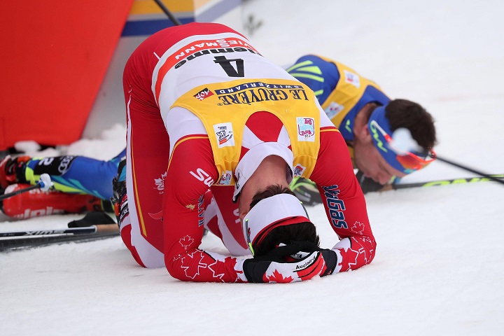 Third placed Alex Harvey of Canada reacts in the finish area after the men’s 9 km Final Climb Pursuit race at the FIS Tour de Ski event in Val di Fiemme, Italy. Sunday, Jan. 7, 2018.