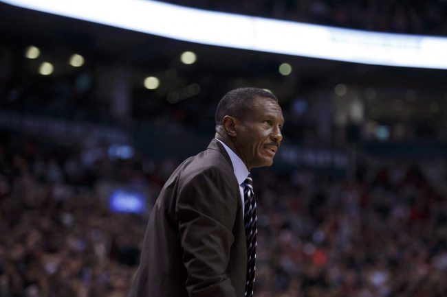 Toronto Raptors head coach Dwane Casey looks out onto the court during second half NBA basketball action against the Golden State Warriors in Toronto, Jan. 13, 2018. 