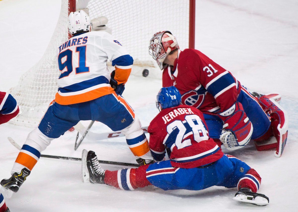 New York Islanders centre John Tavares scores overtime winner against Montreal Canadiens goaltender Carey Price. January 15, 2018. 