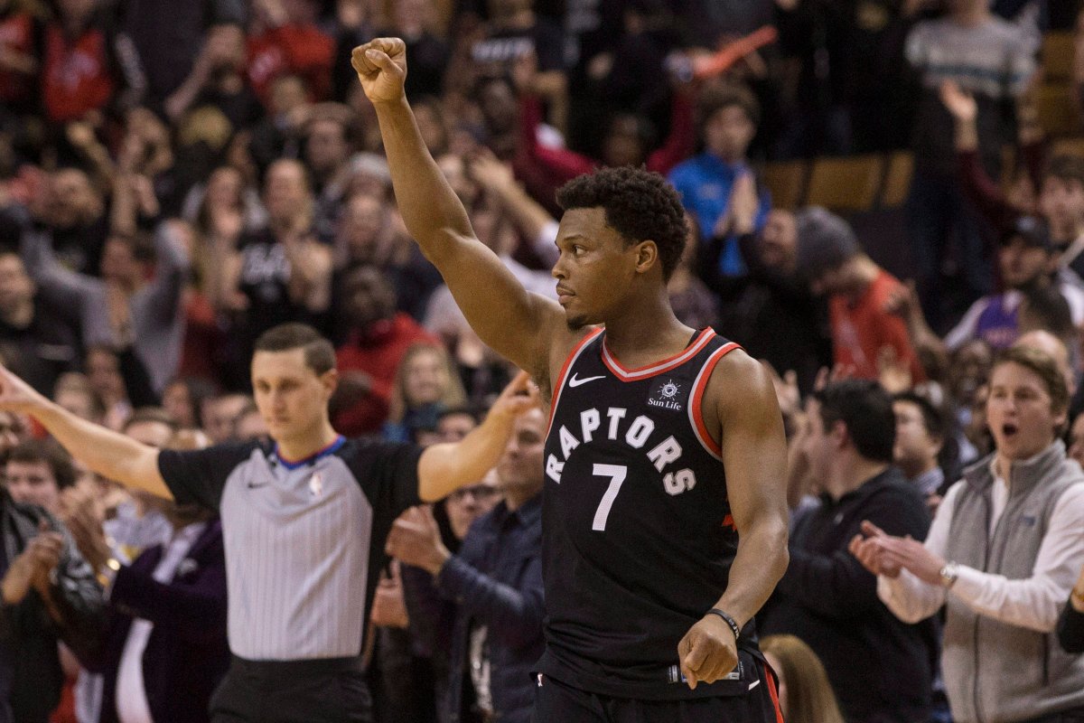 Toronto Raptors guard Kyle Lowry celebrates at the final buzzer as his team beat the San Antonio Spurs 86-83 in NBA basketball action in Toronto on Friday, January 19, 2018. 
