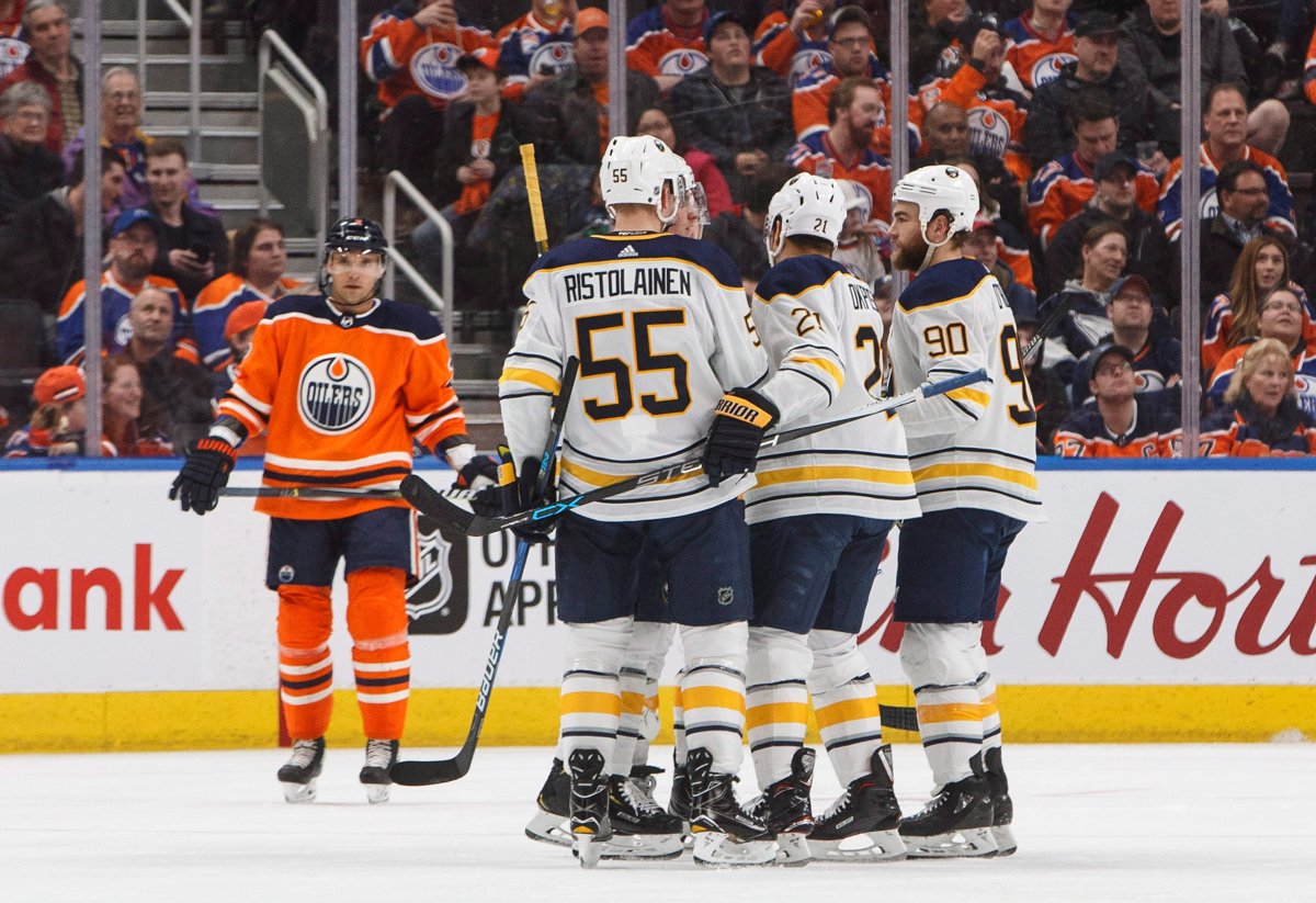 The Buffalo Sabres celebrate a goal against the Edmonton Oilers during second period NHL action in Edmonton, Alta., on Tuesday January 23, 2018. 