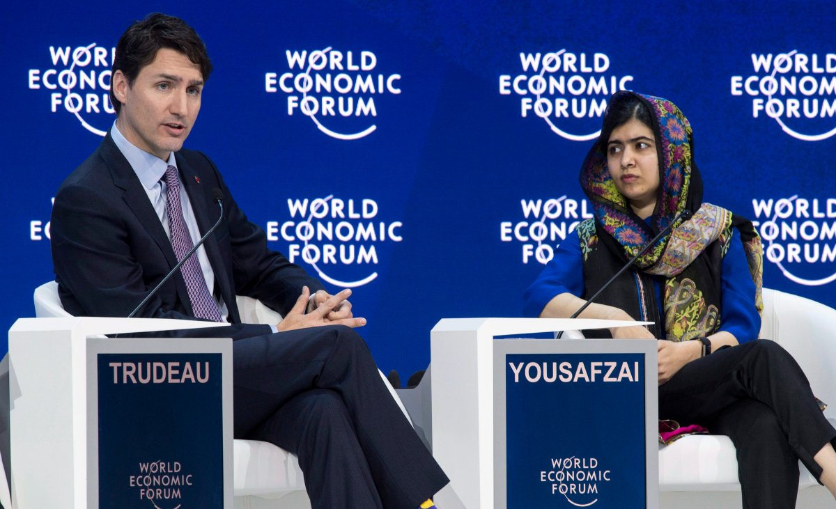Prime Minister Justin Trudeau and Co-Founder of the Malala Fund, Malala Yousafzai participate in a panel discussion at the World Economic Forum, January 25, 2018 in Davos, Switzerland.