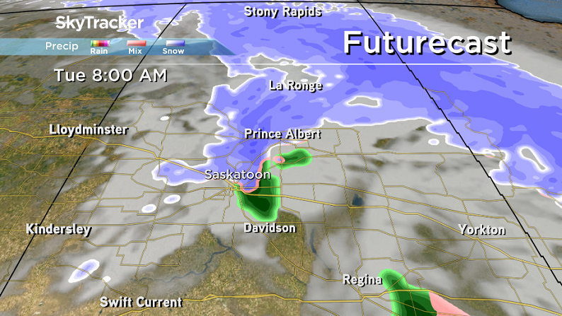 A messy mix of precipitation is possible early Tuesday in the Saskatoon area as a system slides through.