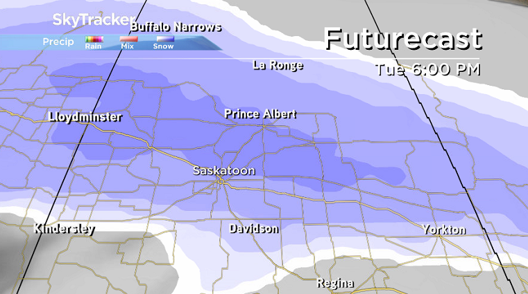 A system sliding in could bring some accumulating snow to Saskatoon on Tuesday.