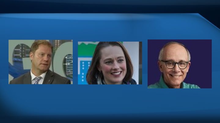 Alberta Party leadership candidates Rick Fraser (left), Kara Levis (centre) and Stephen Mandel (right).