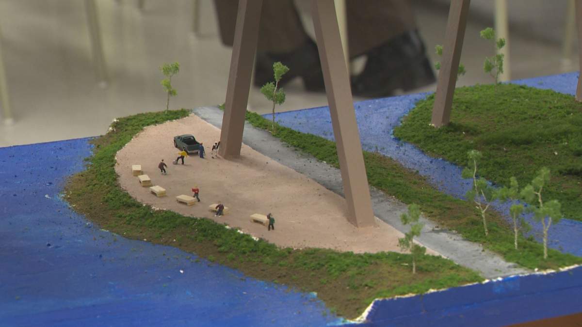 Grade 6 students hand-painted the model and placed synthetic grass at the foot of the bridge.