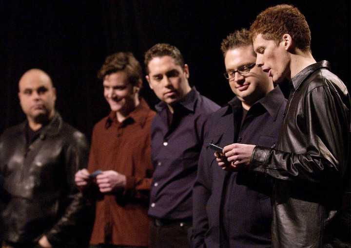 Members of the band The Barenaked Ladies, Tyler Stewart, Kevin Hearn, Ed Robertson, Steven Page, and Jim Creeggan read the nominees for the 2002 Juno Awards at a press conference in Toronto on February 11, 2002. 